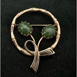 Vintage Rolyn 12K Gold Filled Bamboo Brooch Green Jade Glass Cabochon